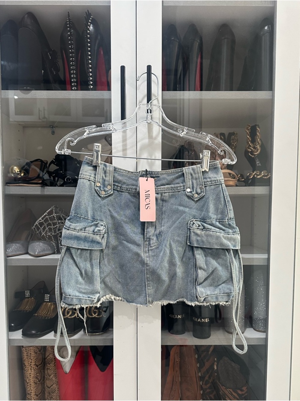 Micas NWT Denim Cargo Mini Skirt Light Blue with shorts underneath Sz XS
